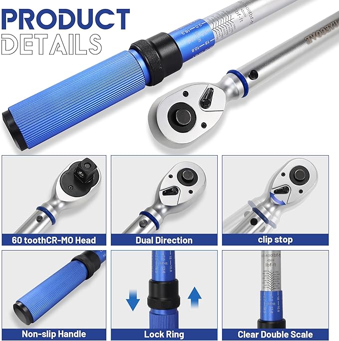 UYECOVE 3/4-Inch Drive Click Torque Wrench, Dual-Direction Click Professional Torque Wrench 100-400FT.LB/136-542N.m, Dual Range Scales Graduated in FT.LB and N.M