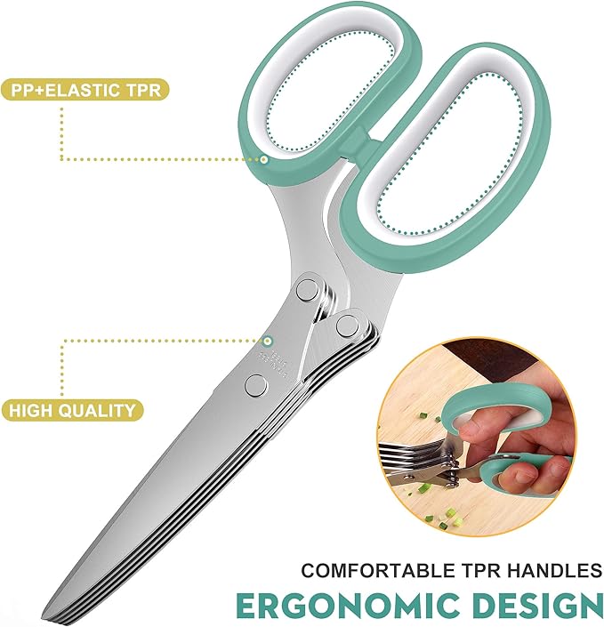 Fun Unique Kitchen Gadgets: Herb Scissors Set - Updated 2025 Cool Kitchen Tools for Cutting Fresh Garden Herbs - Sharp 5-Blade Shears with Cover, Anti-Rust Stainless Steel, Dishwasher Safe (Blue)