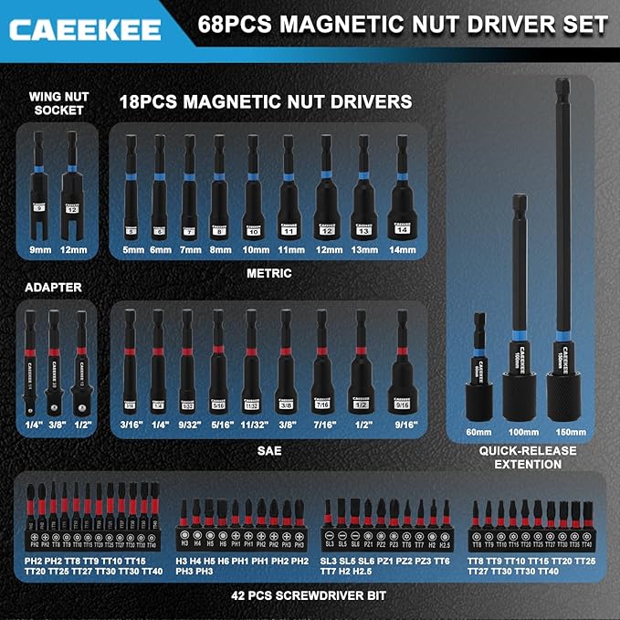 68PCS Magnetic Nut Driver Set for Impact Drill, 1/4" Impact Drill Driver Bit Set, Metric & SAE, Screwdriver Bits, Socket Adapters, Quick-Release Extension, Wing Nut Drivers, Storage Case