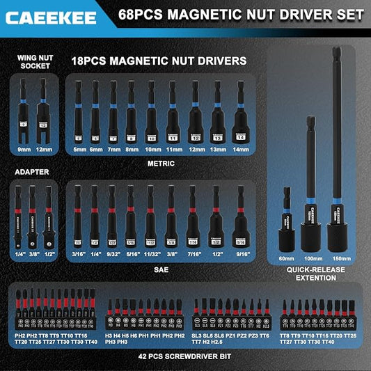 68PCS Magnetic Nut Driver Set for Impact Drill, 1/4" Impact Drill Driver Bit Set, Metric & SAE, Screwdriver Bits, Socket Adapters, Quick-Release Extension, Wing Nut Drivers, Storage Case