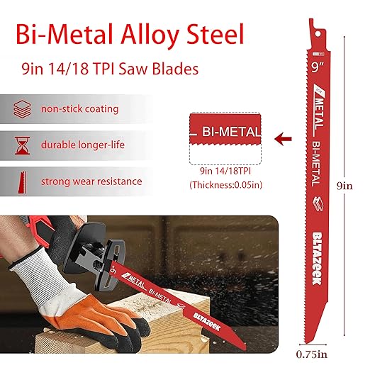Bi-Metal Reciprocating Saw Blades 9 Inch 14/18 TPI, Durable Metal Cutting Blades for 1/16-5/16 Medium Metals, Premium Carbide Tipped Sawzall Blades, 25 Pack