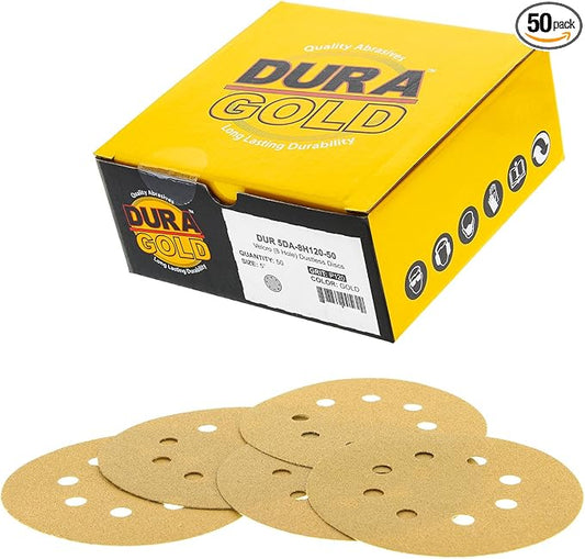 Dura-Gold Premium 120 Grit 5" Sandpaper Discs, 8 Hole Pattern Dustless, 50 Discs - Hook & Loop Backing for Orbital DA Sander, Detailing Finishing Color Sanding Automotive Paint Woodworking