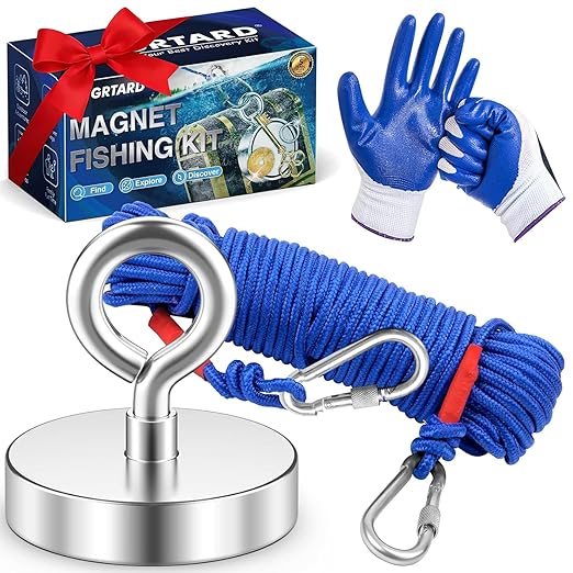 Grtard 500LBS Magnet Fishing Kit for Men's Gifts, Strong N52 Neodymium Fishing Magnets(2.36''), 65ft Rope, Grappling Hook, Gloves & Locking Carabiner, Threadlocker, Gifts for Men, Dad, Husband