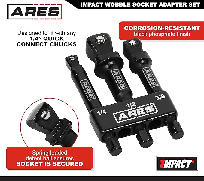 ARES 22046 ??3-Piece 3-Inch Impact Wobble Extension Set - 1/4-Inch, 3/8-Inch, and 1/2-Inch Drive Wobble Extensions Offer 30-Degree Range of Motion for Enhanced Access ??Includes Extension Holder