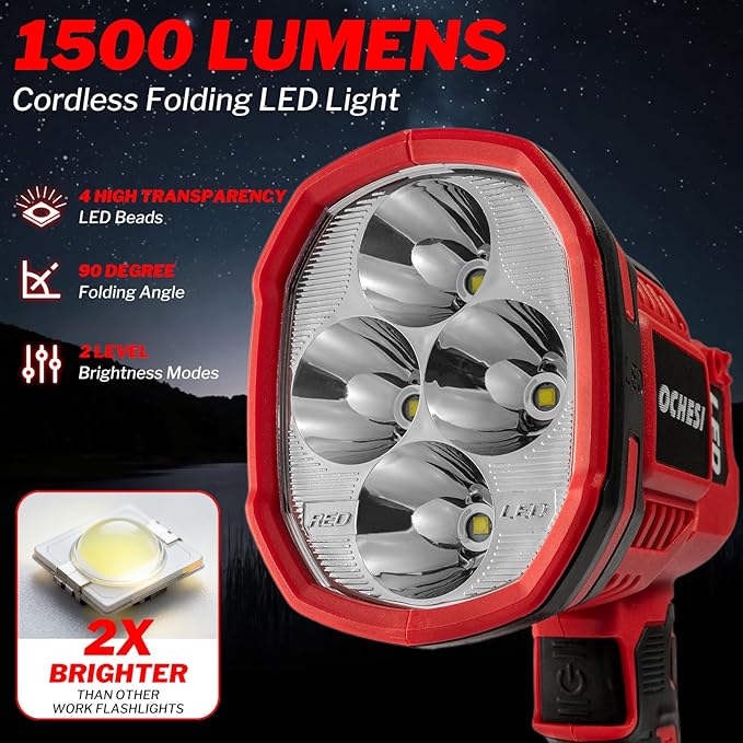 Cordless LED work light compatible with Milwaukee 18V Battery, 1500LM Handheld Spotlight with 550 Yard Distance, Flashing mode and Pivoting Head for Workshop, Camping, Jobsites (Battery Not Included)