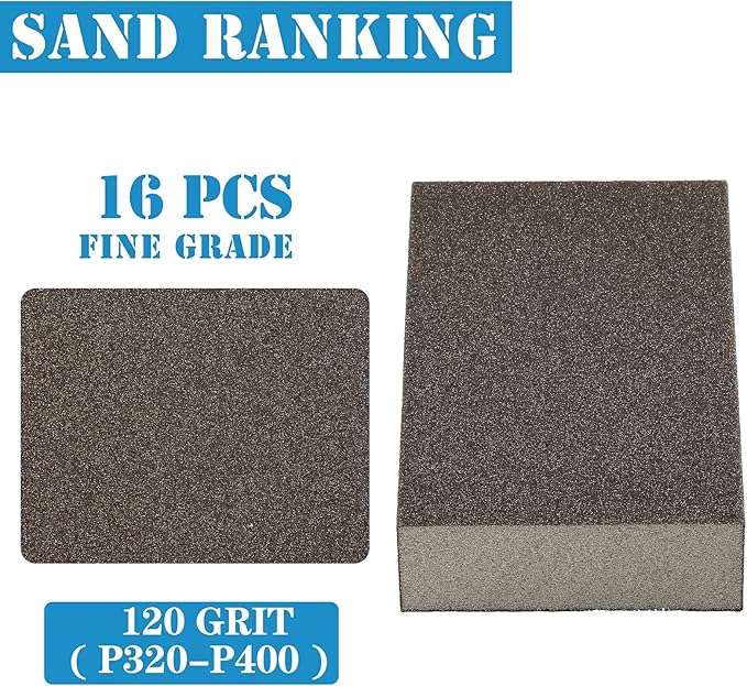 16Pcs 120 Grit Sanding Blocks, Jamiikury Fine Sanding Sponge Washable and Reusable, Wet Dry Sandpaper Sponge for Wood Metal FurniturePaint and Drywall