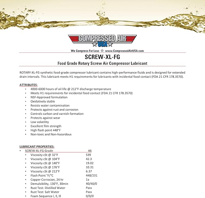 Food Grade 6000 Hour Rotary Screw Air Compressor Lubricating Oil - CompressedAirUSA - XL - Extended Life Oils (5 Gallon)