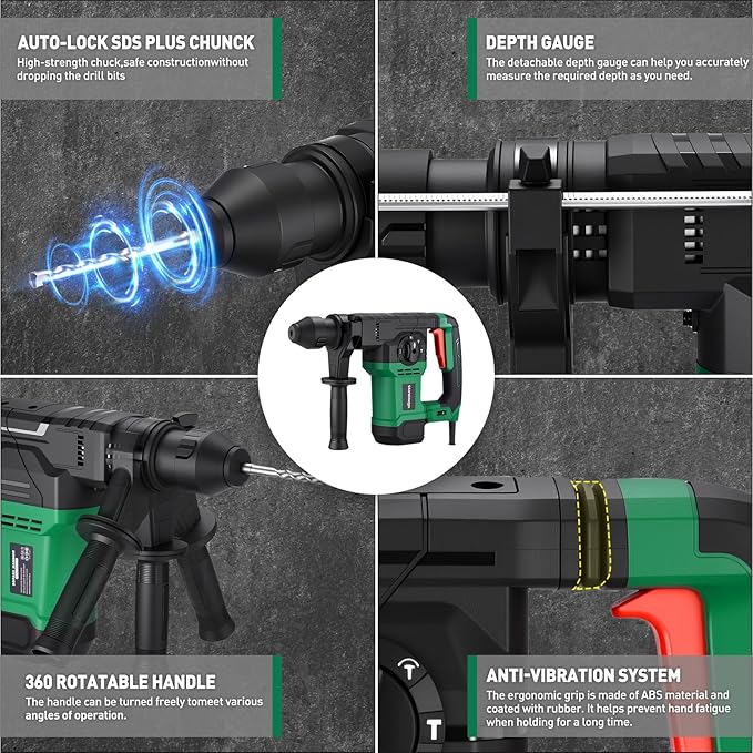 1-1/4 Inch Rotary Hammer Drill with SDS-PLUS Bits: 13Amp 7.0J Rotomartillo, SDS Hammer Drill for Concrete Demolition Chipping, 4 Functions, 6 Speed, 3 Drill Bits & 2 Chisels