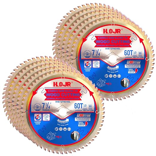 10-Pack 7-1/4" 60-Tooth 5/8" Arbor Woodworking Circular Saw Blade,Ultra Finish/General Purpose,Special Anti-Thermal Adhesion Coating on Cutting Edge-TA,High Finish, Long Life, 7-1/4" 60T 5/8"