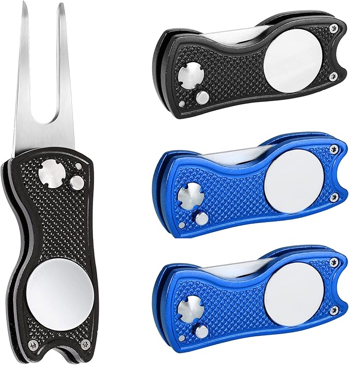 Mile High Life Golf Divot Repair Tool, All Metal Foldable Divot Tool with Pop-up Button & Magnetic Ball Marker, 2-6 Pack