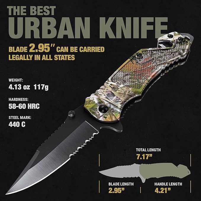 GOOD WORKER Legal Pocket Knife with 2.95??Serrated Blade, Glass Breaker, Seat Belt Cutter - EDC Sharp Folding Knives with Portable Clip - Small Tool for Tactical Camping Survival Hiking - Gifts for Men, Women