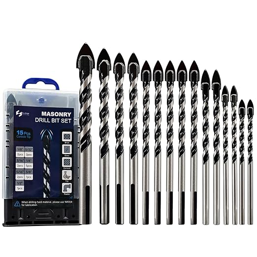 Pro Edge 15PCS Masonry Drill Bit Set, 1/8" to 1/2" Concrete Drill Bits Set Industrial Strength Carbide Bit for Tile Glass Ceramic Brick Wall Wood Plastic Cement
