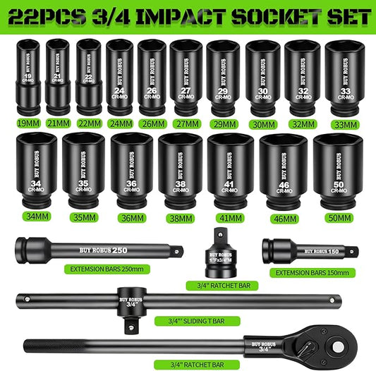 22PCS 3/4" Impact Socket Set, 6-Point Metric (19mm-50mm), Cr-Mo Steel Set with Adapters, Quick Release Ratchet Wrench, Andextension Rod Durable Storage Case