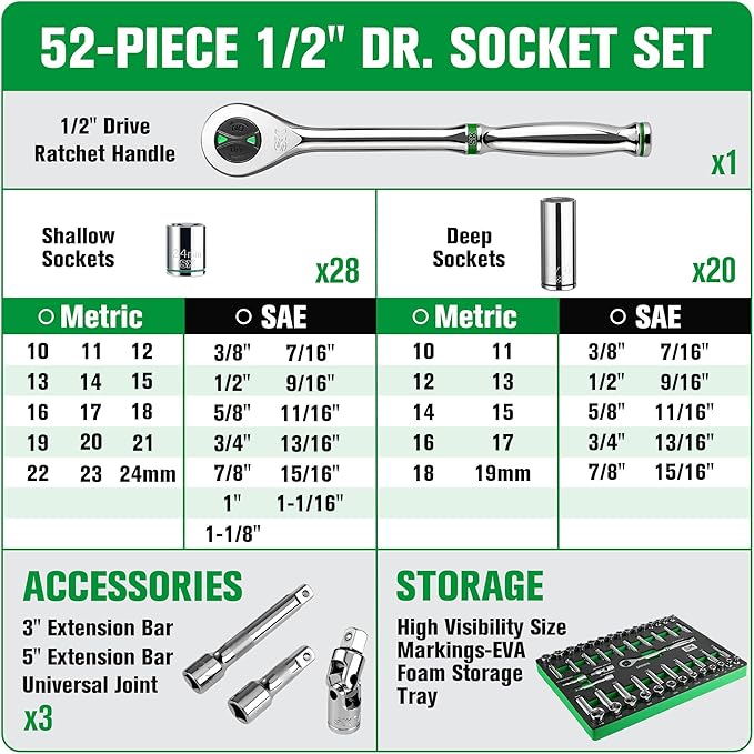 SK 1/2" Drive Socket Set with 160-P Ratchet, 52-Piece, SAE & Metric, SuperKrome Finish, Premium CR-V Construction, with EVA Foam Tool Organizer