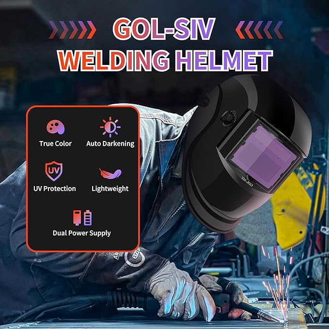 Welding Helmet Auto Darkening-Solar/Battery Powered-True Color -Wide View Screen Welding Mask-2 Arc Sensor，0.1ms Response Time-Shade 9-13,For SMAW, MIG, TIG And Grinding