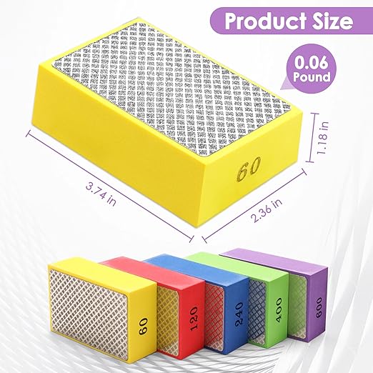 5PCS Diamond Polishing Pads Grit 60# 120# 240# 400# 600#, Wet & Dry Diamond Sanding Pads for Ceramic Tile Metal Marble Glass Granite Wood Stone, Hand Sanding Block Foam Backing