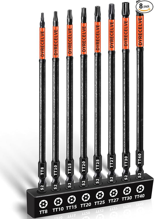 Impact Security Torx Bit Set 6-Inch Long (8-Pack T8-T40), S2 Steel Tamper Proof Star Bits Set, with 1/4'' Hex-Shank, Magnetic and High-Torque, for Automotive, Electronics, DIY