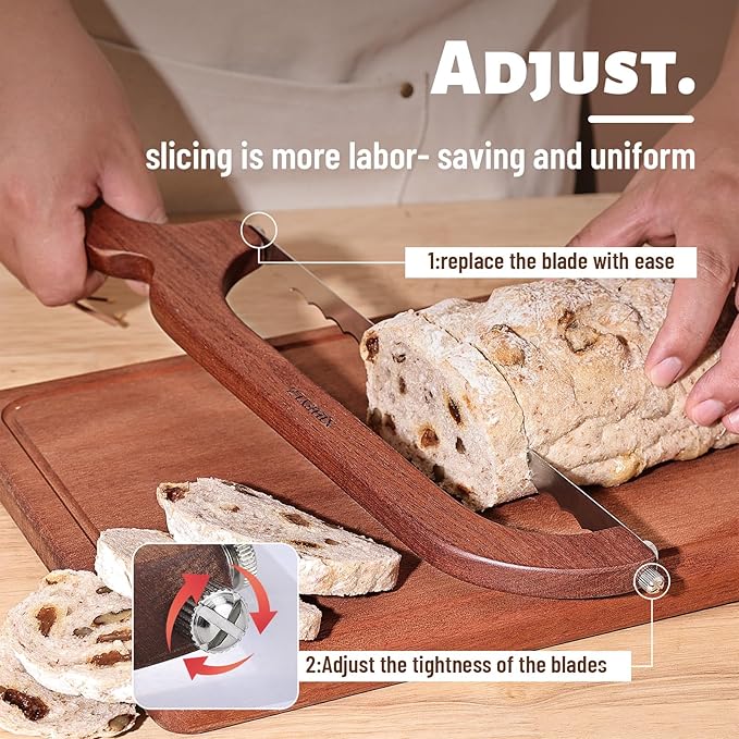Sourdough bread knife,Bread Slicer for Homemade Bread,Adjustable blade tightness for Even Slicing, Serrated knife,Wooden Bread cutter with Bow Design (3, Natural Wood)