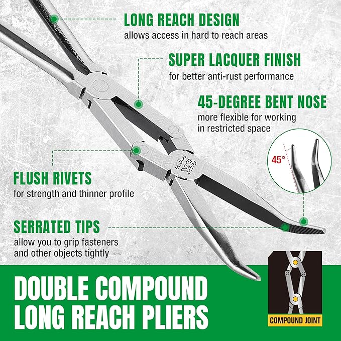 SK 2-Piece Double Compound Long Reach Pliers Set, 13-Inch Straight Long Nose Pliers, 45째 Bent Nose, with Comfort Grips, Premium CR-V Steel Construction