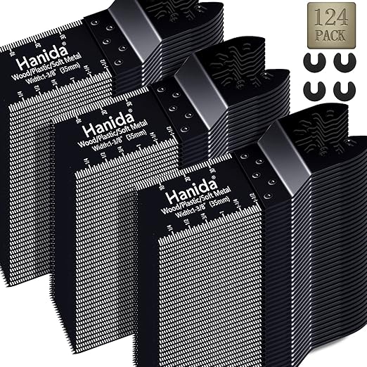 124pcs Wood Oscillating Multitool Quick Release Saw Blades Compatible with Fein Multimaster Porter Cable Black & Bosch Decker Dremel Craftsman Ridgid Ryobi Milwaukee Dewalt Rockwell