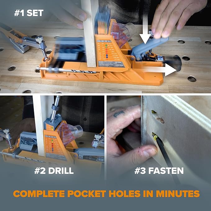 BORA Automatic Pocket Hole Jig with 50 Color-Coated Screws, Auto Adjusting Drill Guide, Pocket Hole Jig Kit for Woodworking - For Materials 1/2 inch to 1 1/2 inch Thick, Power Tool Accessory Jigs