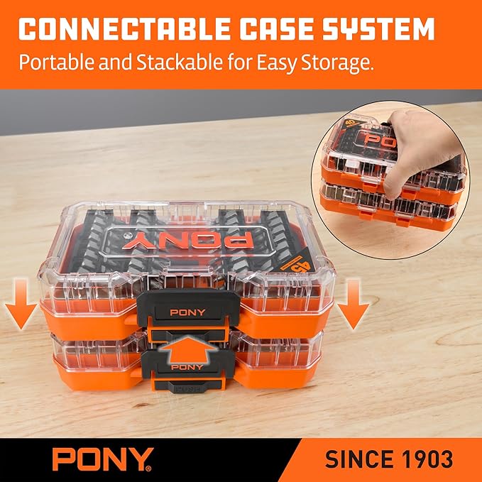 PONY 45-Piece Screwdriver Bit Set with Tough Case, 1/4" Hex S2 Steel Screwdriver Bits, Precision-Machined Tip, 1", 2" & 3-1/2" Bits with Magnetic Drive Guide & Magnetic Nut Drivers for DIY Projects