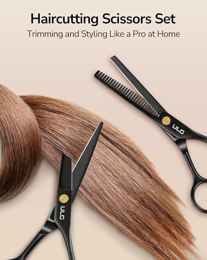 ULG Professional Hair Cutting Scissors Set ??6.5??Japanese Stainless Steel Barber Shears & Thinning Scissors with Comb, Clips & Case ??at-Home Salon Haircut Kit for Men, Women, Kids, Black