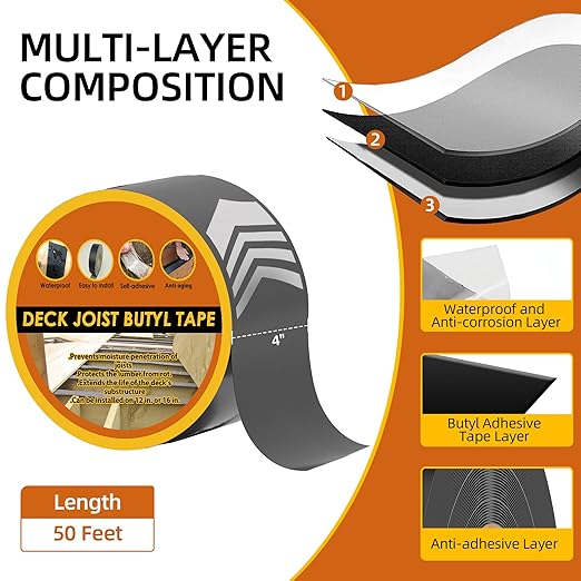 Joist Tape for Decking 4 Inch x 50 Feet 4 Pack, Weatherproof Butyl Sealant Deck Joist Tape竊똏rotects The Top of The Joist, Beam, and Wood