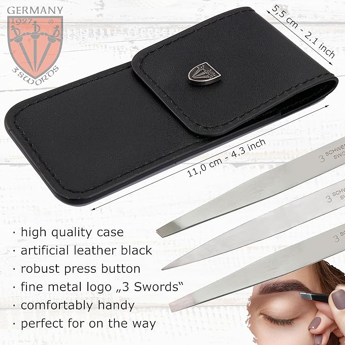 3 Swords Germany – stainless steel precision tweezer set “SILVERADO”, slanted, straight, pointed eyebrows hair, synthetic leather case by 3 Swords