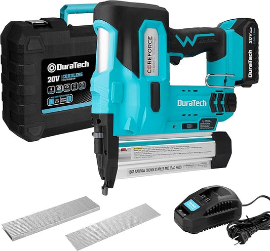 DURATECH 20V 18GA Cordless Brad Nailer, 2-in-1 Nail/Staple Gun for Carpentry & Upholstery, Including 2.0Ah Rechargeable Battery, 1H Quick Charger, 1000 Nails, 1000 Staples and Carrying Case