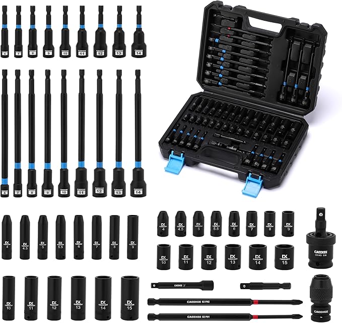 52PCS Socket Set & Magnetic Nut Driver Set, 1/4" Dr. Deep & Shallow Impact Sockets (4mm-15mm), 1/4" Hex Shank Nut Drivers (6mm-14mm), Quick-Release Hex Converter, Storage Case