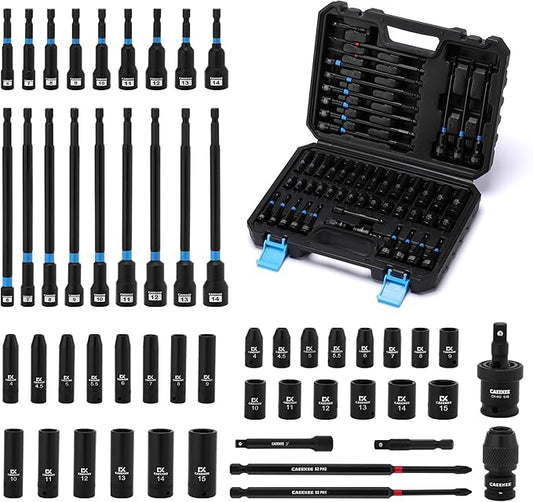 52PCS Socket Set & Magnetic Nut Driver Set, 1/4" Dr. Deep & Shallow Impact Sockets (4mm-15mm), 1/4" Hex Shank Nut Drivers (6mm-14mm), Quick-Release Hex Converter, Storage Case