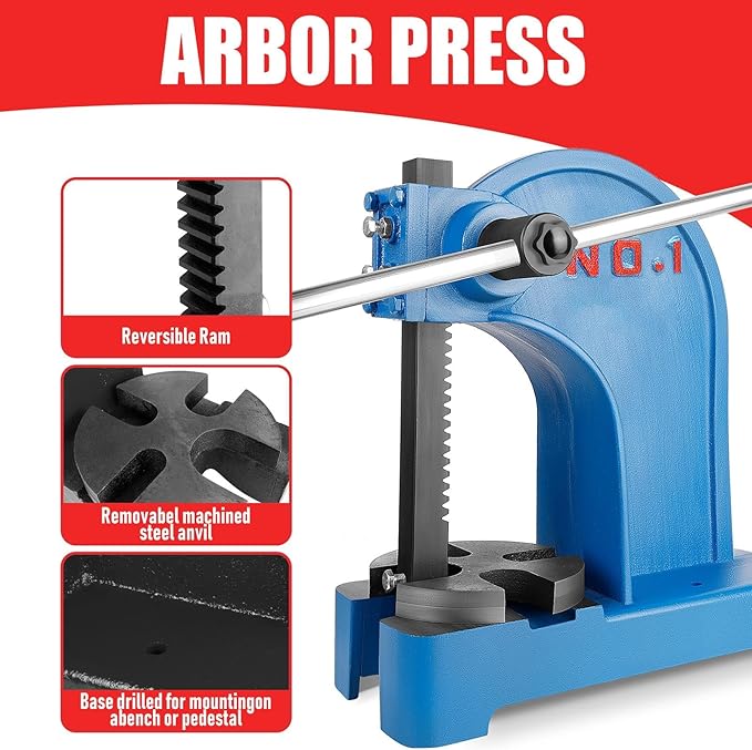 1 Ton Manual Arbor Press, 5.5 Inch Max Height Arbor presses, Cast iron material, Manual Press is Suitable for Punching, Bending, Stretching and Forming Tasks in Workshops and Garages (1T Blue)