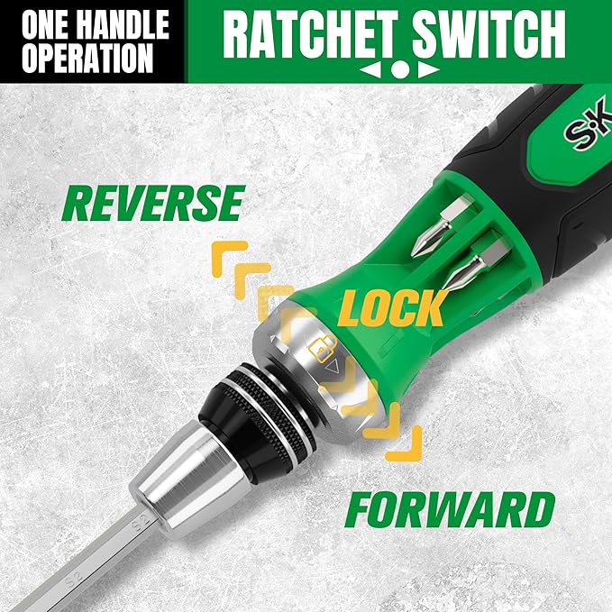 SK 22-in-1 Ratcheting Screwdriver with Nut Drivers, 216-P Multi-bit Screwdriver, Phillips, Slotted, Star, Square Bits Stored in Handle, Organized in Storage Toolbox