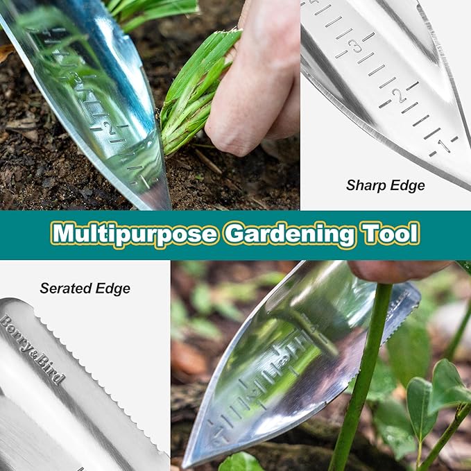 Berry&Bird Potting Trowel, Stainless Steel Serrated Hand Shovel, Wood Handle Garden Trowel Tool with Measuring Scale for Effortless Digging,Roots竊똏lanting, Cutting and Transplanting