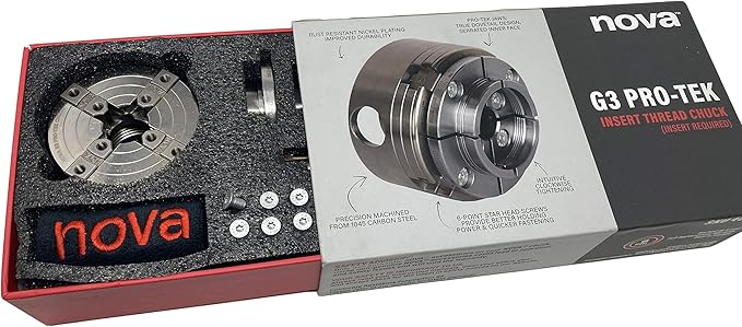 Nova 48290 Premier Pro-Tek G3 Wood Lathe Chuck Kit with Pro-Tek 2" Jaw Set, Woodworm Screw, & accessories, bundled with Nova ISNS 5/8" Plain Bore Insert (to fit Shopsmith Etc.)