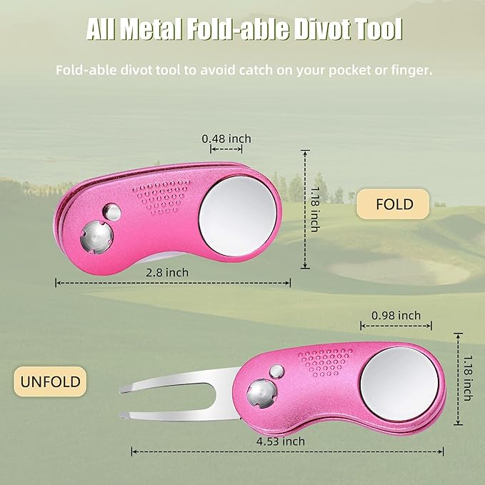 Mile High Life Golf Divot Repair Tool, All Metal Foldable Divot Tool with Pop-up Button & Magnetic Ball Marker