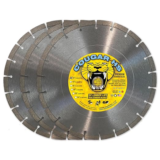 Cougar HS 12 Inch Diamond Concrete Saw Blade, Premium General Purpose Segmented Blade, Dry/Wet Cutting Concrete, Masonry, Brick, & Block 1"-20mm Arbor (3pcs)
