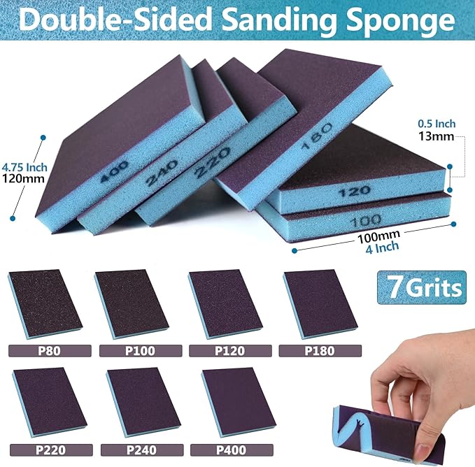18 Pack Double-Sided Sanding Sponge, Wet Dry Sanding Blocks 220 Grit Washable Sandpaper Sponge Assortment Pack for Curved Wood Furniture Paint Drywall Metal