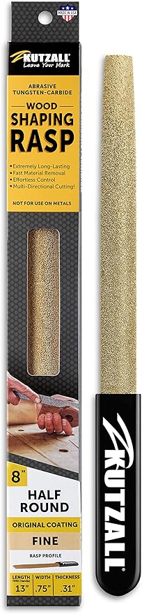 Kutzall Original 8" Half-Round Hand Rasp - Fine, for Woodworking & Shaping, W/Ergonomic Soft Grip Handle, Abrasive Tungsten Carbide Coating - 13" (330.2mm) Overall Length - HR8170