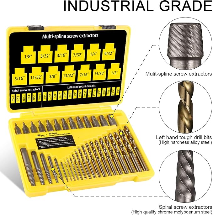 Topec 35-Piece Screw Extractor and Left Hand Drill Bits Set, Easy Out Screw Extractor Set with Reverse Drill Bits, Multi-Spline Extractors for Removing Broken Bolts and Stripped Screws