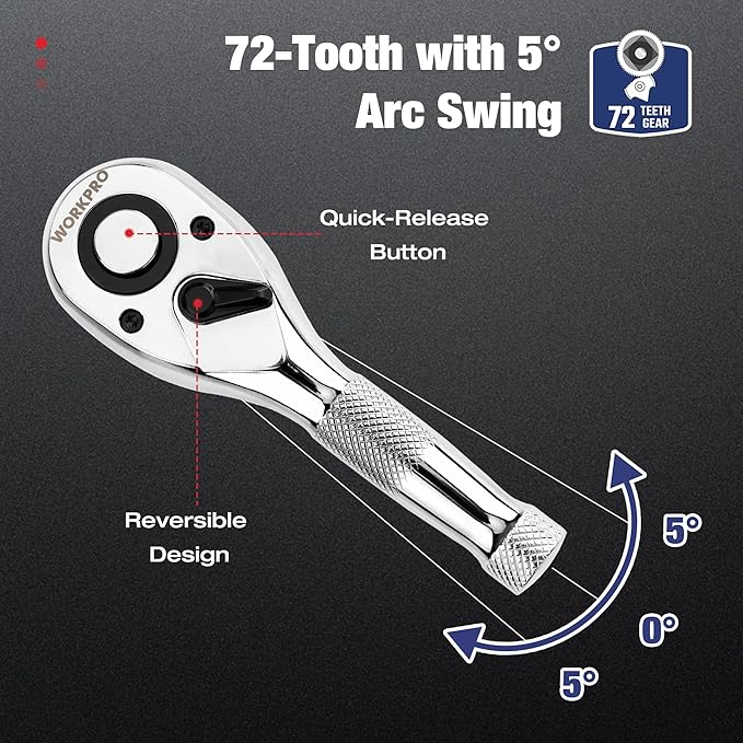 WORKPRO 3-Piece Stubby Ratchet Set, Quick Release Reversible, 1/4", 3/8", 1/2" Drive Mini Ratchet Handles, Chrome Alloy Made, CR-MO Head, 72-Tooth, Full Polished