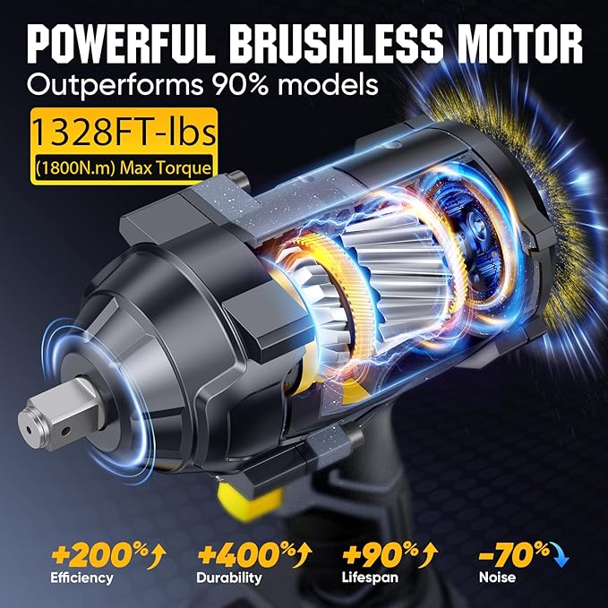1328Ft-lbs (1800N.m) Impact Wrench Cordless, 1/2" Brushless High Torque Impact Gun, 4-Speed Power Impact Wrenches with 2 X 4000mAh Batteries & Full Accessory Kit for Mechanics/Car Repair