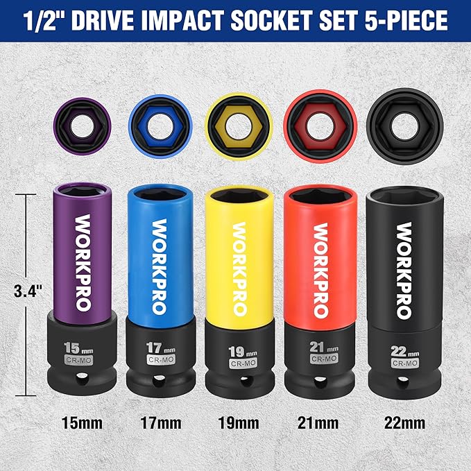 WORKPRO 1/2" Drive Lug Nut Socket Set, 5 Pieces 15 17 19 21 22 MM Non-Marring Lug Nut Wheel Socket Set, Thin Wall Wheel Protector Nut Socket