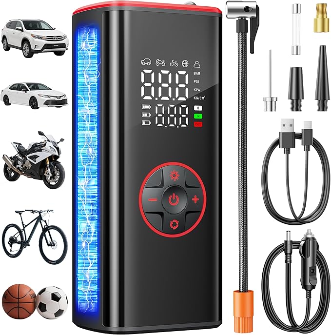 Tire Inflator Portable Air Compressor 5 in 1 Cordless Smart Pump with Tire Pressure Gauge 150PSI and LED Lights for Cars Bikes Motorcycle Balls Custom Mode Inflatables Red Black