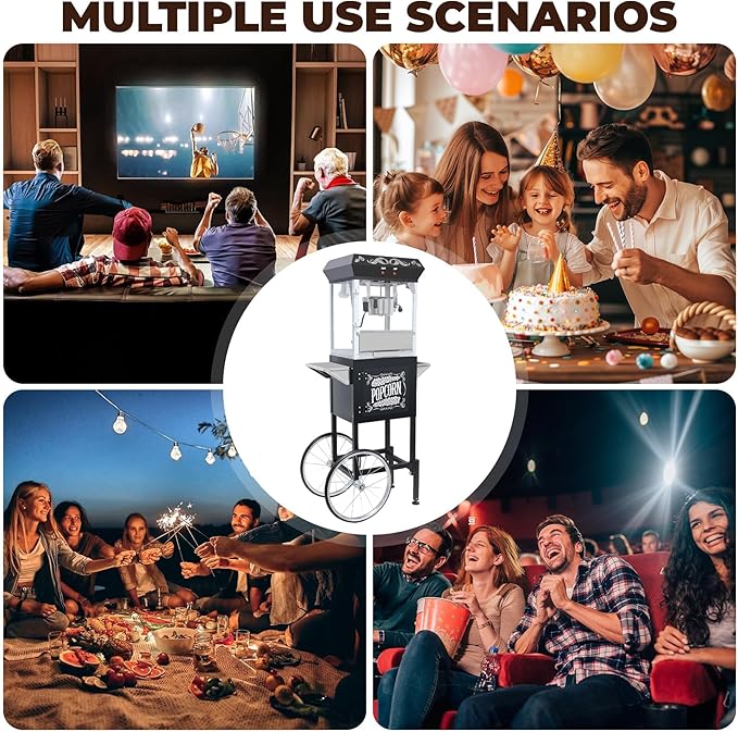 8 Oz Popcorn Machine Cart, 650 W, Popcorn Maker Machine with Stainless-Steel Kettle, Movie Theater Popcorn Machine with Steel Frame Tempered Glass Doors & Heated Warming Deck, Black