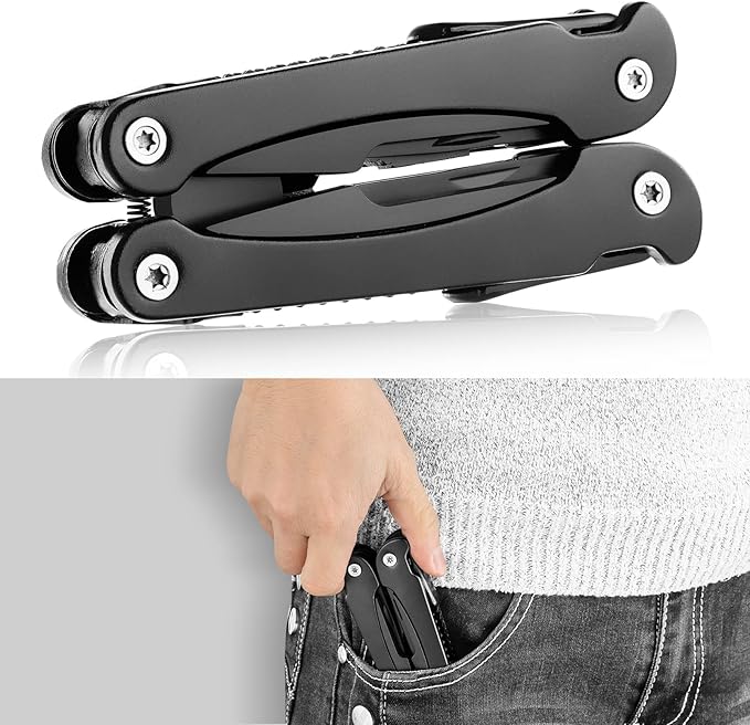 14 IN 1 Multitool Pliers with Pocket Clip, Portable Pocket Knife Camping Tool - Needle Nose Pliers, Replaceable Wire Cutters, Screwdrivers & Saw, Ideal Multitool Gifts for Men, Dad, Husband