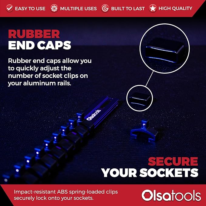 Olsa Tools Socket Organizer - 1/4-Inch Drive Socket Holder Rail - Blue Aluminum Track Stores 24 Chrome or Impact Sockets - Professional Grade Metric or SAE Socket Organizer - Part: 1013