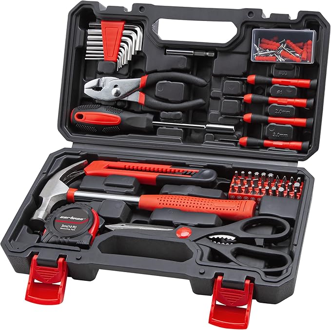 CARTMAN 126-Piece Home Tool Set Kit, Basic Household Hand Tools with Storage Case Red