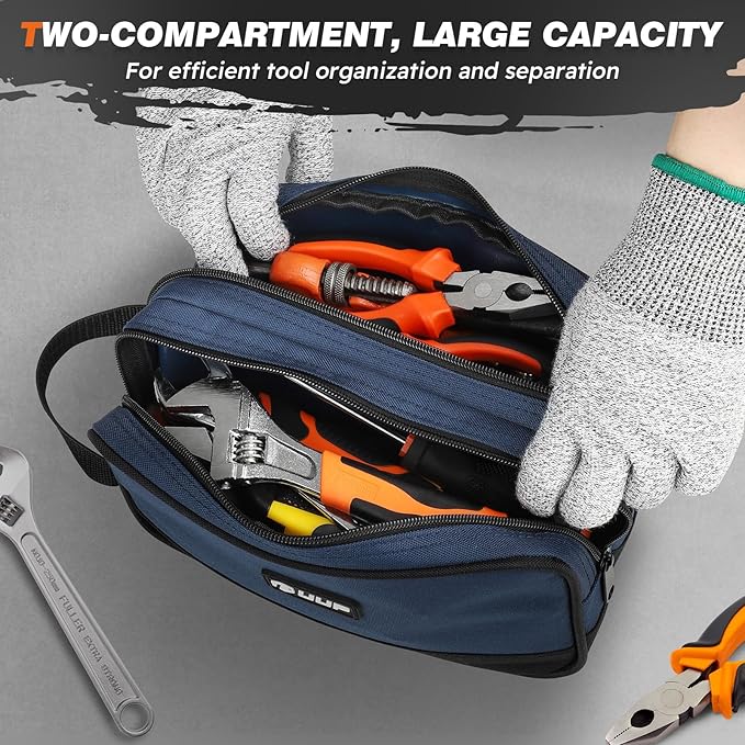 Small Tool Bag 2 Pack, Zipper Tool Pouch Two Compartments, 10 12 inch Utility ToolBag with Carrying Handle, Tool box Storage Organizer for Electrician Mechanic, Gift for Men Dad, Orange/Blue